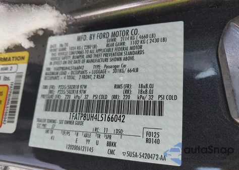 2020 Ford Mustang Ecoboost Premium z USA, uszkodzony, nr VIN 1FATP8UH4L5166042